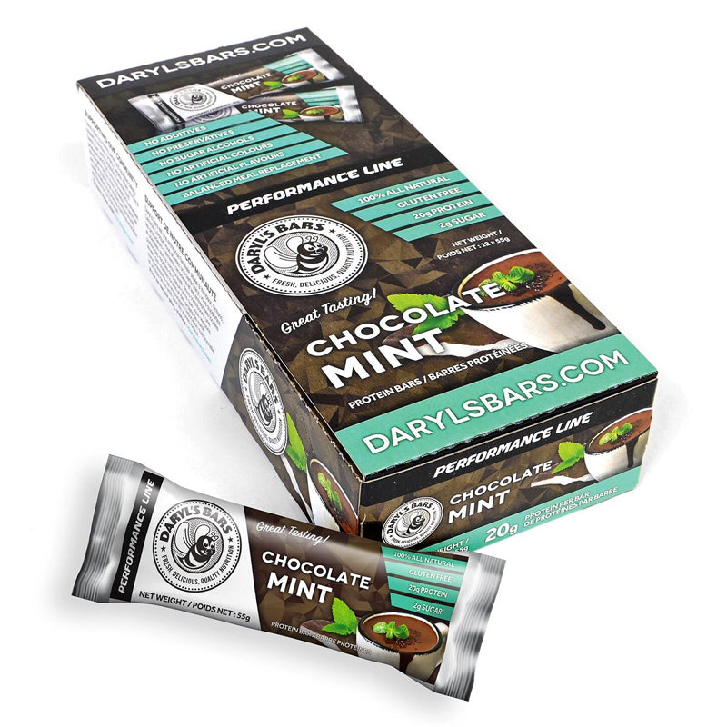 Buy Now! Daryl's Performance Protein bars chocolate mint (box). With 20g of high-quality whey protein and only 2g of sugar, our Performance bars deliver the goods, along with a rich and naturally sweet flavour that truly satisfied.
