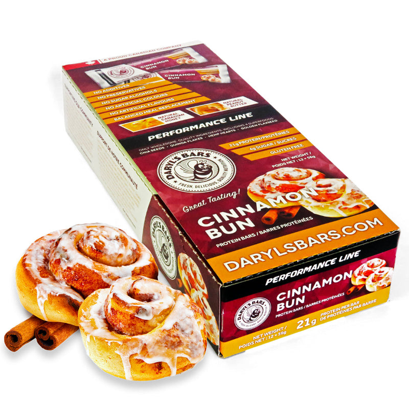 Buy Now! Daryl's Performance Bars Cinnamon Bun (box). With 21g of high-quality whey protein and only 4g of sugar, our Cinnamon Bun protein bars deliver the goods, along with the rich and always satisfying “sweet meets spice” flavour of the classic bakery indulgence.