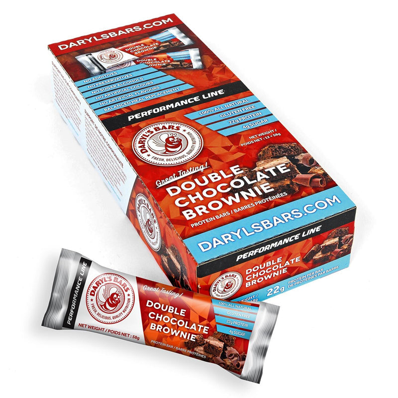 Buy Now! Daryl's Performance Protein Bars Double Chocolate Brownie (box). With 22g of high-quality whey protein and only 4g of sugar, our Double Chocolate Brownie protein bars deliver the goods, along with the velvety delight of a chocolate brownie, layered with caramel and chocolate chips.