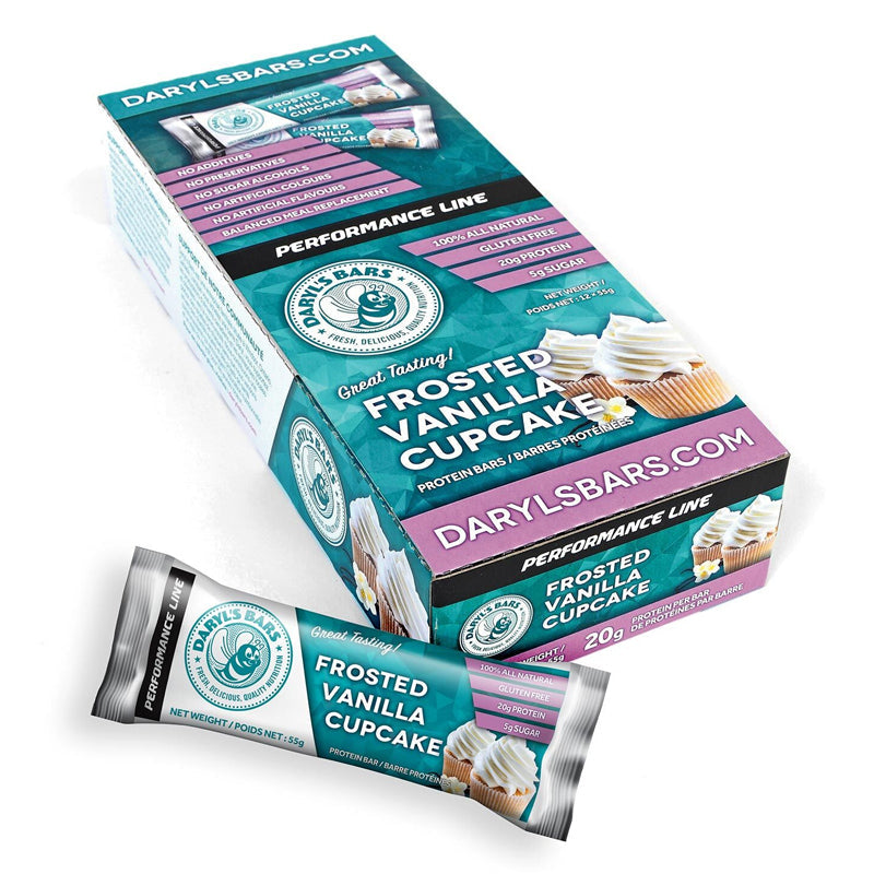 Buy Now! Daryl's Performance Protein bars frosted vanilla cupcake (box). With 20g of high-quality whey protein and only 5g of sugar, our Performance bars deliver the goods, along with a rich and naturally sweet flavour that truly satisfies.