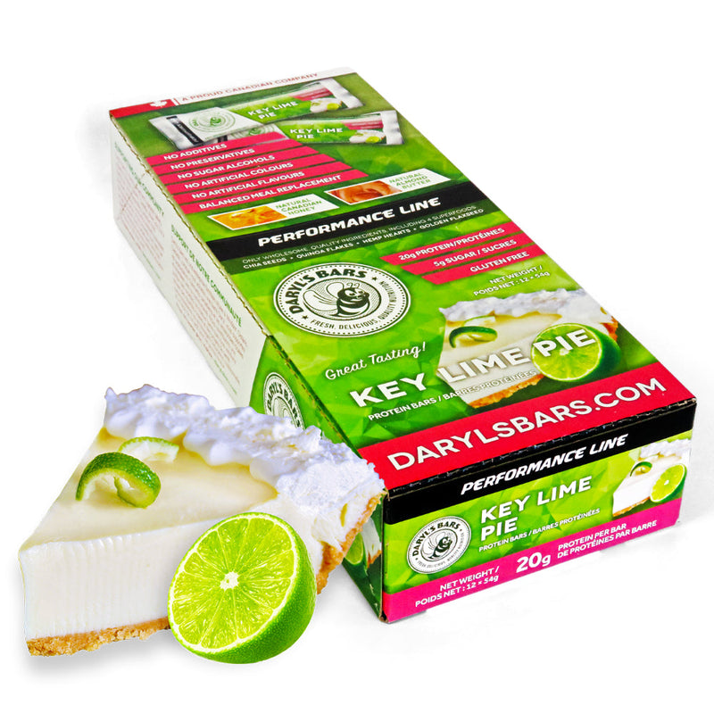 Buy Now! Daryl's Performance bars Key Lime Pie (box). With 20g of high-quality whey protein and only 5g of sugar, our Key Lime Pie protein bars deliver the goods, along with a tangy citrus and lite vanilla flavour that recalls the sweet satisfaction of the creamy, Southern, meringue-topped dessert.