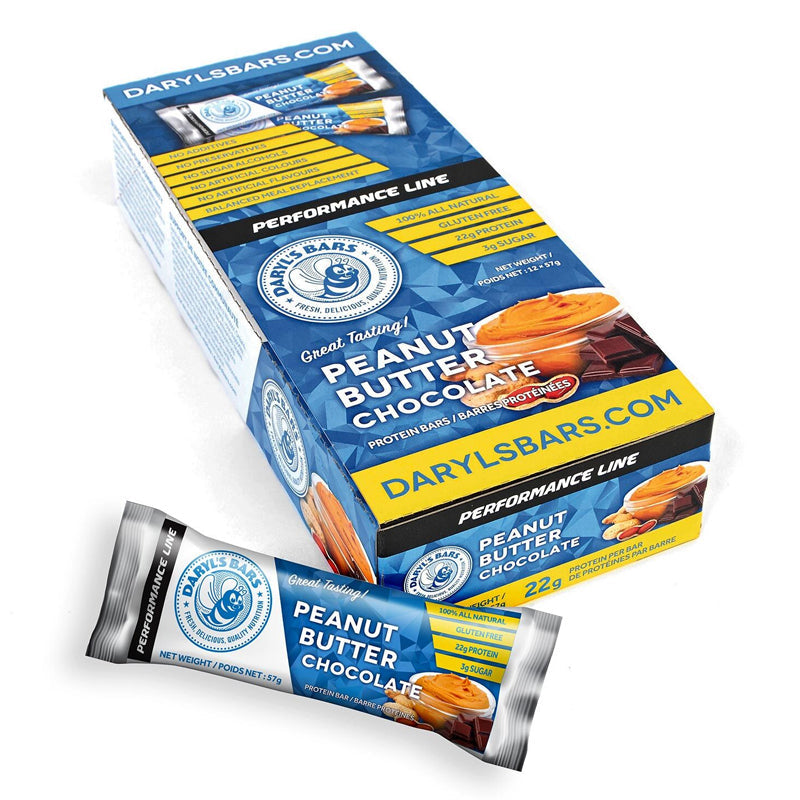 Buy Now! Daryl's Performance Protein Bars Peanut Butter Chocolate (box). With 22g of high-quality whey protein and only 6g of sugar, our Peanut Butter Chocolate protein bars deliver the goods, along with a rich and naturally sweet flavour that truly satisfies.