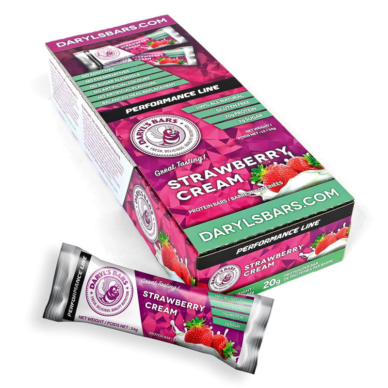 Buy Now! Daryl's Performance Protein bars strawberry cream (box). With 20g of high-quality whey protein and only 5g of sugar, our Performance Bars deliver the goods, along with a rich and naturally sweet flavour that truly satisfies.