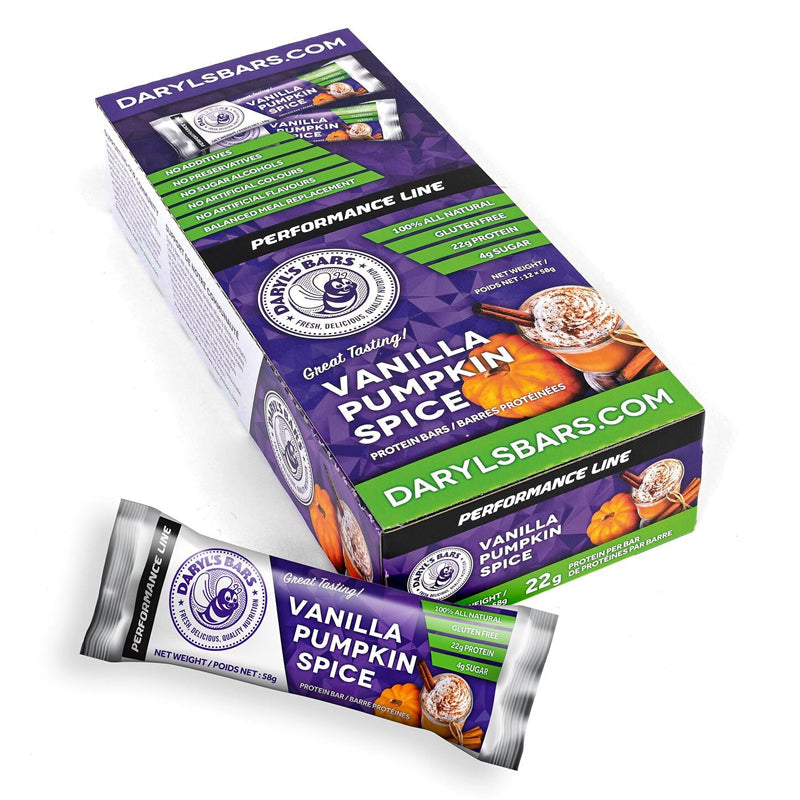 Buy Now! Daryl's Performance Protein Bars Vanilla Pumpkin Spice (box). With 22g of high-quality whey protein and only 4g of sugar, our Vanilla Pumpkin Spice protein bars deliver the goods, along with a wholesome and naturally sweet flavour that truly satisfies.
