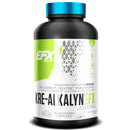 A bottle of EFX Sports Kre-Alkalyn Creatine with 180 vegetable capsules. The bottle is black with a green and white label, and a blue cap.