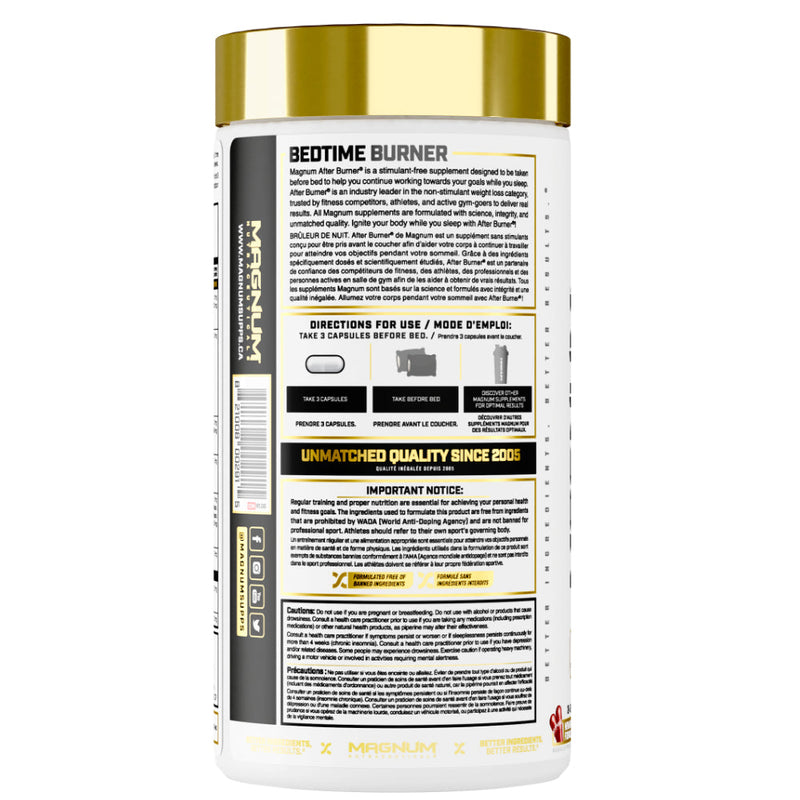 Magnum Nutraceuticals After Burner (72 capsules) bottle image with instructions. After Burner allows you to continue using fat for energy long after your day is over, while you’re sleeping soundly in bed.