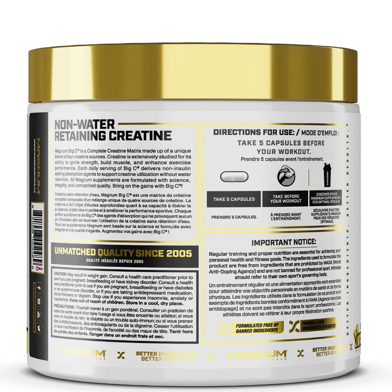 Magnum Nutraceuticals Big C (150 caps) bottle image with information. Magnum Big C is a Complete Creatine Matrix made up of a unique blend of four creatine sources: Creatine Magnesium Chelate, Creatine HCl, Creatine Monohydrate, and Creatine AKG.