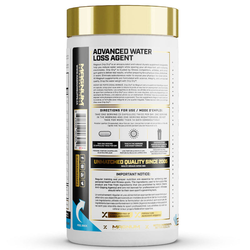 Magnum Nutraceuticals Drip Dry (90 caps) bottle image of information. Drip Dry is leading the next generation of natural water-shedding supplements by sparing your all important anti-cramping electrolytes, while simultaneously acting as a powerful diuretic.