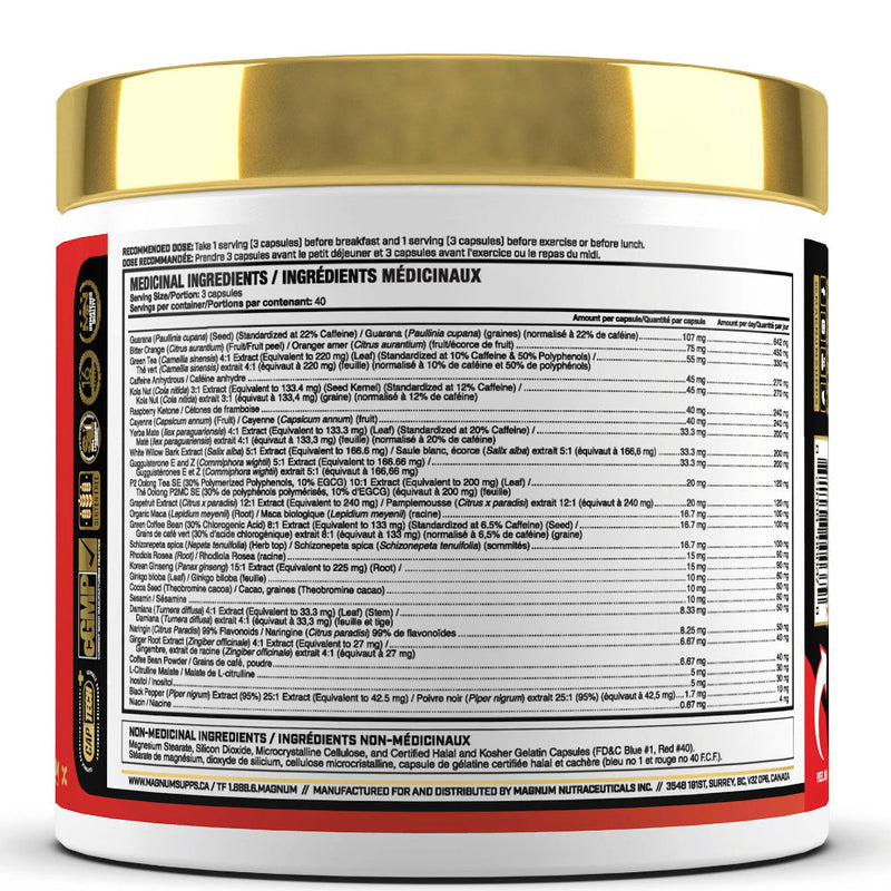 Magnum Heat Accelerated (120 caps) bottle image with ingredients & instructions. Magnum Heat® Accelerated combines 30 fat-incinerating ingredients to support the optimal environment to burn fat.* This product will have you firing on all cylinders!