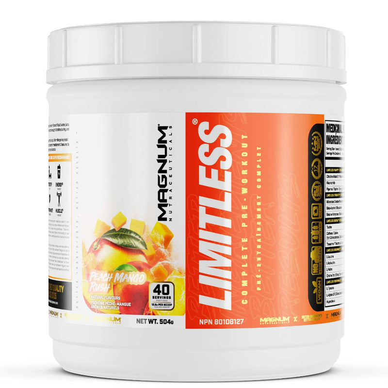 Buy Now! Magnum Nutraceuticals Limitless (40 servings) pre-workout Peach Mango Rush. Developed with clinically studied ingredients, Limitless delivers more pumps, strength, energy, endurance, and muscle-building power in every scoop!