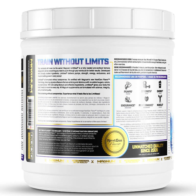 Magnum Nutraceuticals Limitless (40 servings) pre-workout Electric Blue Razz bottle image of information. Developed with clinically studied ingredients, Limitless delivers more pumps, strength, energy, endurance, and muscle-building power in every scoop!