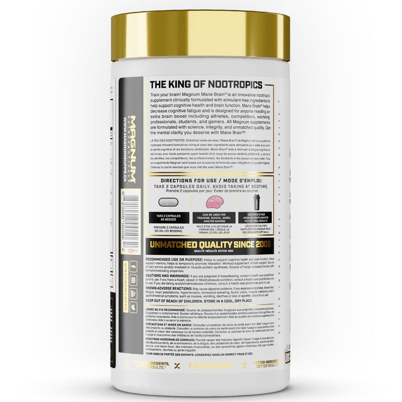 Magnum Nutraceuticals Mane Brain (60 caps) bottle image with information. Magnum Mane Brain can help strengthen the mind-muscle connection at the gym and accelerate the speed at which you can retain new information. Get the mental clarity you deserve with Mane Brain!