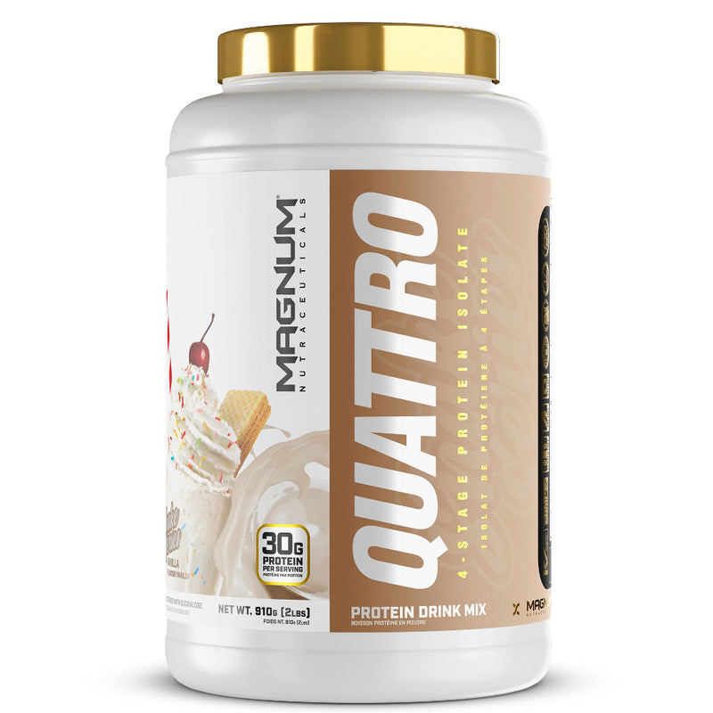 Buy Now! Magnum Nutraceuticals Quattro Shake Series (2 lbs) Vanilla. Magnum Quattro is a unique blend of four high-quality protein isolates. Isolates are the purest protein sources available, filtered to remove as much fat, lactose, and other non-protein constituents as possible.