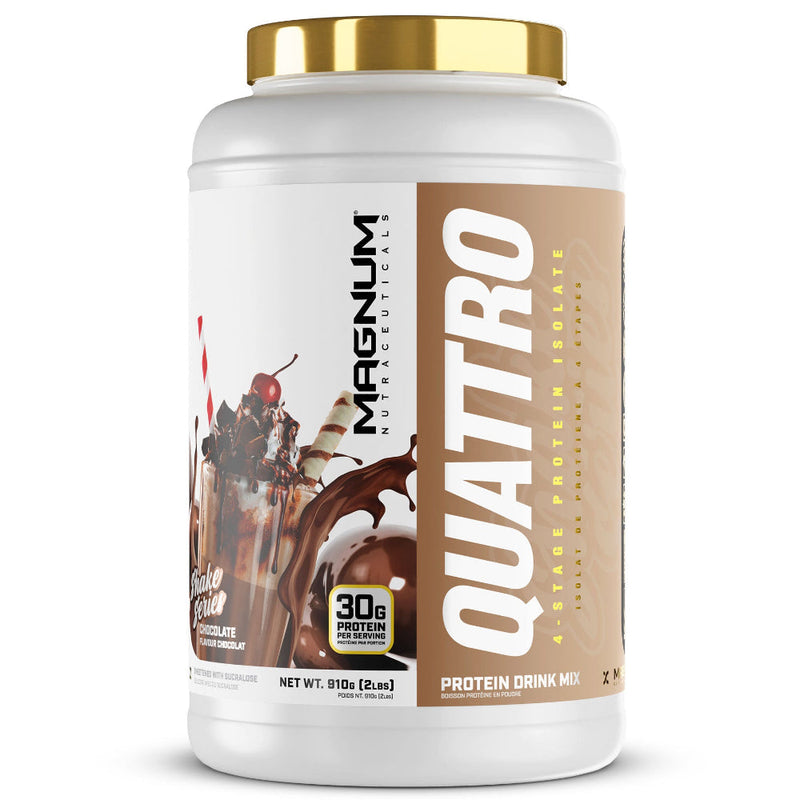 Buy Now! Magnum Nutraceuticals Quattro Shake Series (2 lbs) Chocolate. Magnum Quattro is a unique blend of four high-quality protein isolates. Isolates are the purest protein sources available, filtered to remove as much fat, lactose, and other non-protein constituents as possible.