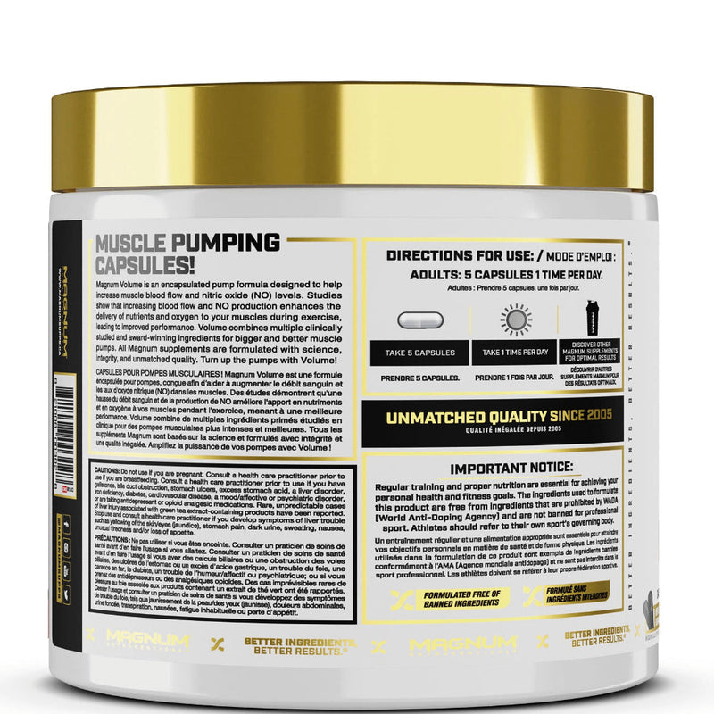 Magnum Nutraceuticals Volume (120 caps) bottle image with information. The new Magnum Volume Capsules formula is designed to maximize nitric oxide production for massive muscle pumps so you can have more fun in the gym while performing at your best.