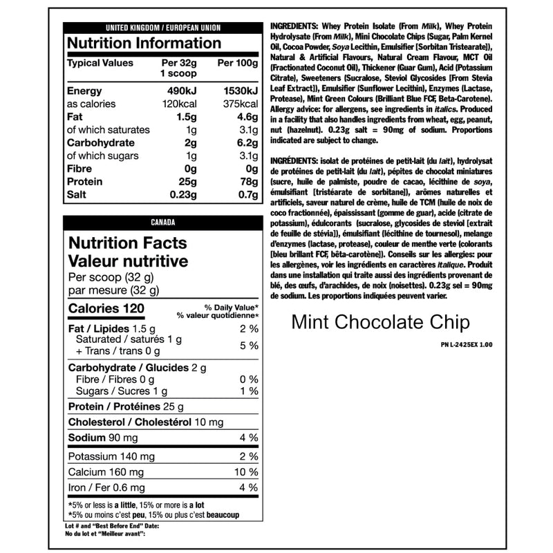 Mutant Iso Surge (2 lbs) Mint Chocolate Chip supplement facts of ingredients. With ISO SURGE You get a premium whey protein isolate (WPI) that delivers 25 grams of protein, and less than 2 grams of sugar.