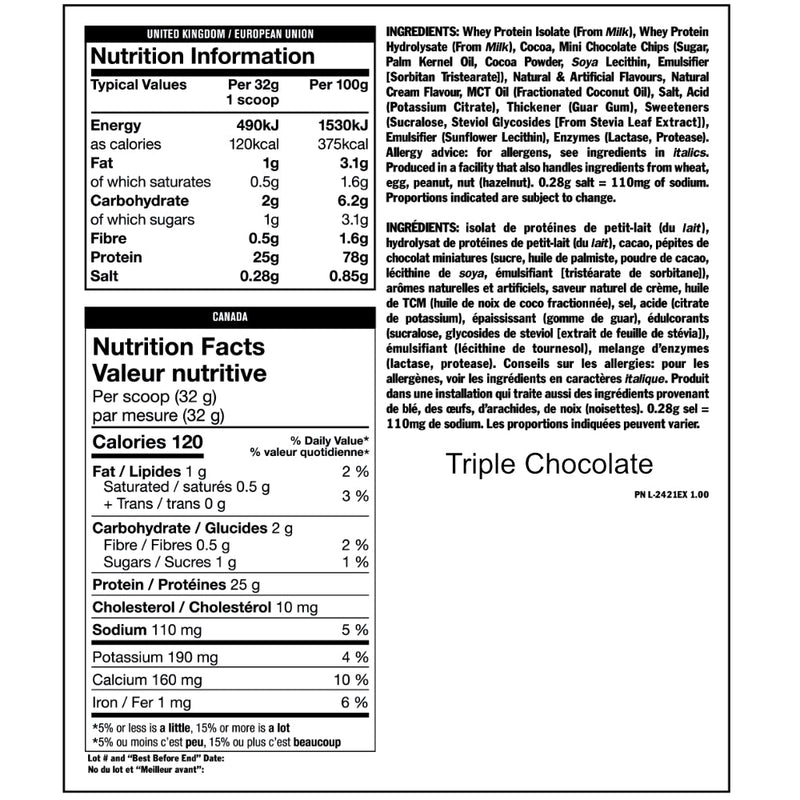Mutant Iso Surge (2 lbs) Triple Chocolate supplement facts of ingredients. With ISO SURGE You get a premium whey protein isolate (WPI) that delivers 25 grams of protein, and less than 2 grams of sugar.