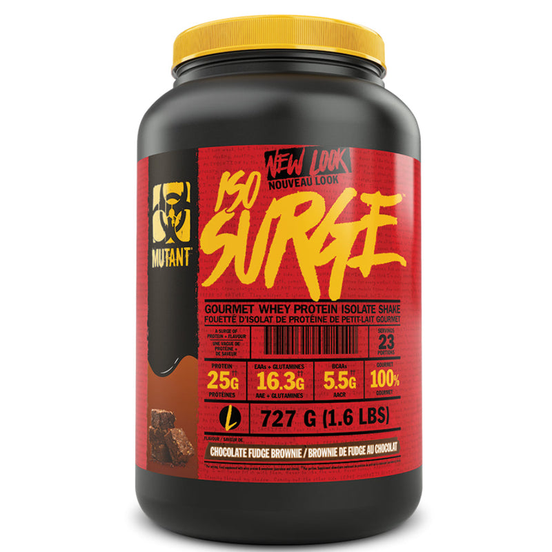 Buy Now! Mutant Iso Surge (2 lbs) Chocolate Fudge Brownie. With ISO SURGE You get a premium whey protein isolate (WPI) that delivers 25 grams of protein, and less than 2 grams of sugar.