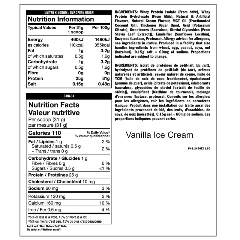 Mutant Iso Surge (2 lbs) Vanilla Ice Cream supplement facts of ingredients. With ISO SURGE You get a premium whey protein isolate (WPI) that delivers 25 grams of protein, and less than 2 grams of sugar.