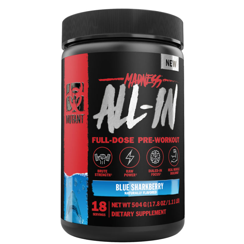 Buy Now! Mutant Madness ALL-IN Pre-workout (36 servings) Blue Sharkberry. Mutants ALL-IN pre-workout maxes out the 4 cores of ultimate training performance: Strength & Power, Protein Synthesis, Neuro-hacking, and Muscle Hydration.