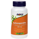 A bottle of NOW Foods Ashwagandha 400 mg capsules with 90 Vcaps. The label is predominantly white and orange, with product information and branding visible.