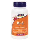A bottle of NOW Foods B-2 Riboflavin 100mg containing 100 capsules, primarily white and orange in color.