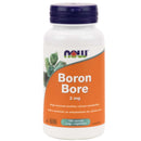 A bottle of NOW Foods Boron (Glycinate) 3mg supplements with 100 vegetable capsules. The label is white with green text and accents, and an image of a leaf in the background.