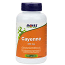 A bottle of NOW Foods Cayenne 500 mg capsules with 100 Vcaps. The bottle is white with a green label and blue cap.