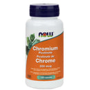 A bottle of NOW Foods Chromium Picolinate 200 mcg containing 100 capsules, primarily orange and white in color with green leaf accents.