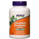A bottle of NOW Foods Chromium Picolinate 200 mcg with 250 Vcaps. The label is orange and white with a green leaf motif.