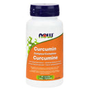 A bottle of NOW Foods Curcumin Complex, with 60 capsules, labeled as a potent antioxidant and anti-inflammatory supplement.