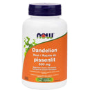 A bottle of NOW Foods Dandelion Root 500 mg dietary supplement, containing 100 Vcaps.