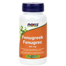 A bottle of NOW Foods Fenugreek 500 mg capsules with 100 Vcaps. The label shows the name of the product and the mg dosage.
