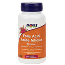 Bottle of NOW Foods Folic Acid 800 mcg with 250 tablets, predominantly white and blue in color with green leaf accents.