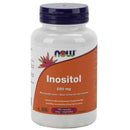 A bottle of NOW Foods Inositol 500 mg supplements with 100 Vcaps. The label is predominantly white with a red floral design and black text.