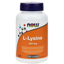 A bottle of NOW Foods L-Lysine 500 mg containing 100 capsules. The bottle is white with a blue cap and orange label featuring scientific illustrations and product information.