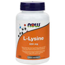 Bottle of NOW Foods L-Lysine 500 mg supplements with 250 capsules.