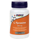 A bottle of NOW Foods L-Tyrosine 500 mg containing 120 capsules. The bottle is white with a blue cap and a label featuring orange and black design elements.
