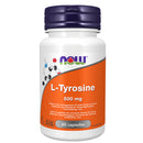 A bottle of NOW Foods L-Tyrosine 500 mg supplements containing 60 capsules. The bottle is white with a purple label and blue cap.