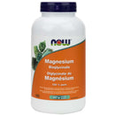 A plastic bottle of NOW Foods Magnesium Bisglycinate Powder, labeled as 227g, with a green leaf design.