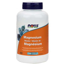 A bottle of NOW Foods Magnesium Malate with 180 tabs. The bottle is white with a blue cap and orange label featuring an image of magnesium.