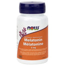 A bottle of NOW Foods Melatonin 5mg with 180 Vcaps. The packaging is primarily white with purple and green accents and displays the product name and dosage information.
