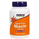 A bottle of NOW Foods Niacin 250 mg with 90 Veg Capsules. The label is white and orange, and it's a flush-free niacin supplement.