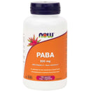 Bottle of NOW Foods PABA 500mg with Vitamin C, containing 100 capsules, designed for anti-aging and overall health benefits.