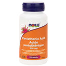 A bottle of NOW Foods Pantothenic Acid 500 mg, containing 100 vegetable capsules. The label displays the product name and amount of Pantothenic Acid per capsule.