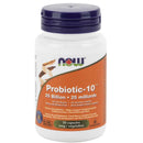A bottle of NOW Foods Probiotic-10 supplement with 50 Vcaps, 25 billion organisms.