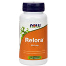 Bottle of NOW Foods Relora 300 mg with 60 capsules, predominantly white and green packaging.