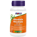 A bottle of NOW Foods Rhodiola Rosea 500 mg supplements with 60 capsules. The label is predominantly white with green and orange accents, and it's marketed as a stress relief supplement.