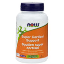 A bottle of NOW Foods Super Cortisol Support with 90 Vcaps. The label is white and green with the product name clearly displayed.