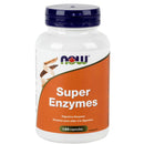 A bottle of NOW Foods Super Enzymes dietary supplement, which contains 180 capsules for digestive support.